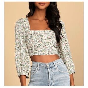 Lulus Even Sweeter White Floral Crop Balloon Sleeve Blouse